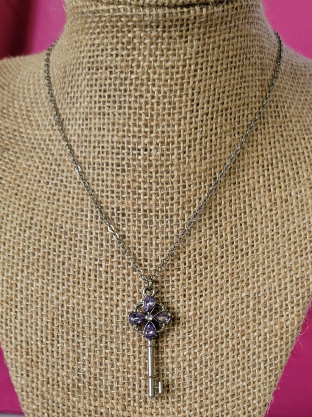 Gunmetal Silver Key With Purple Stones Necklace
